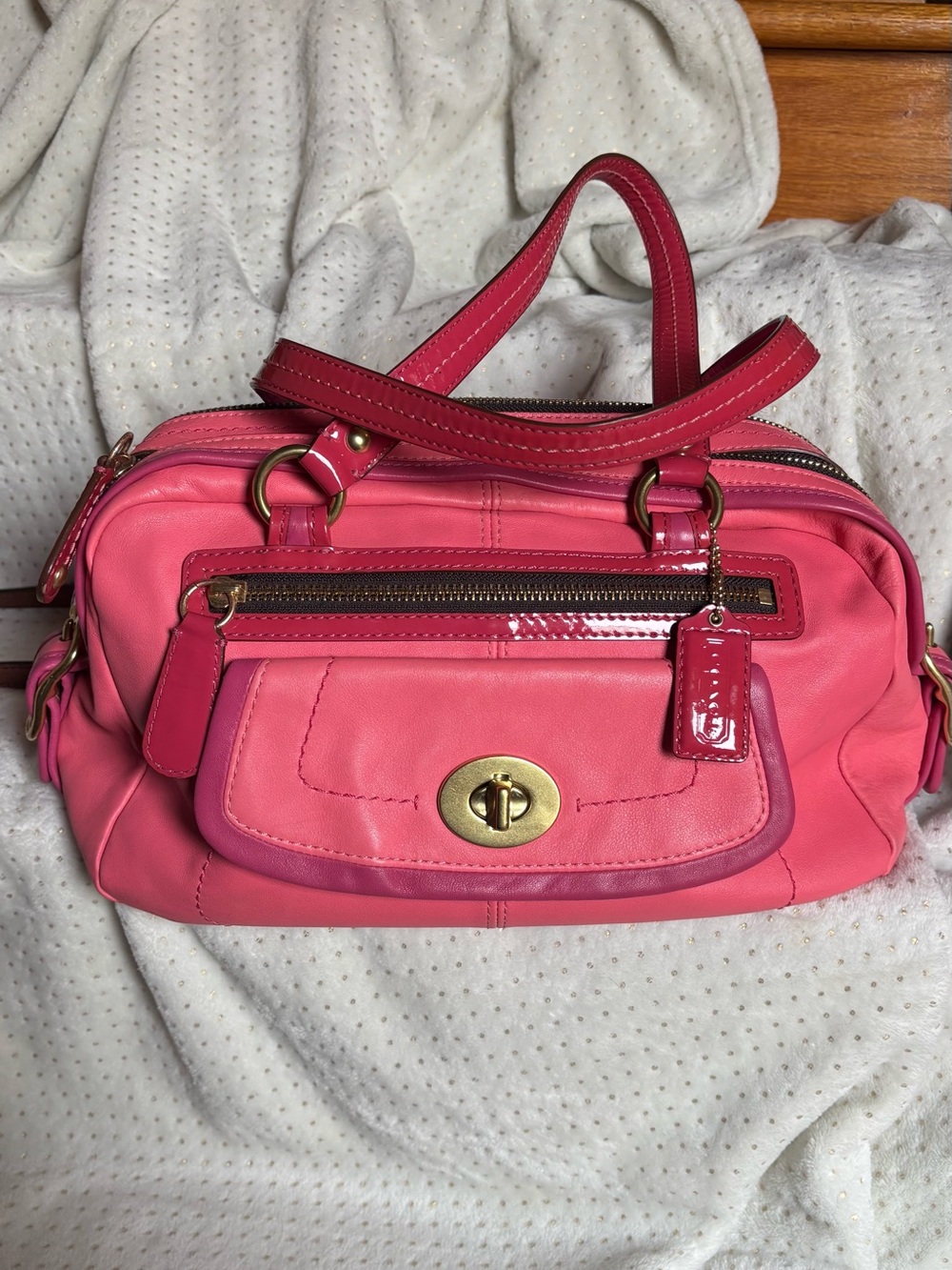 Coach Pink Two-Tone Satchel with Turn-Lock Pocket